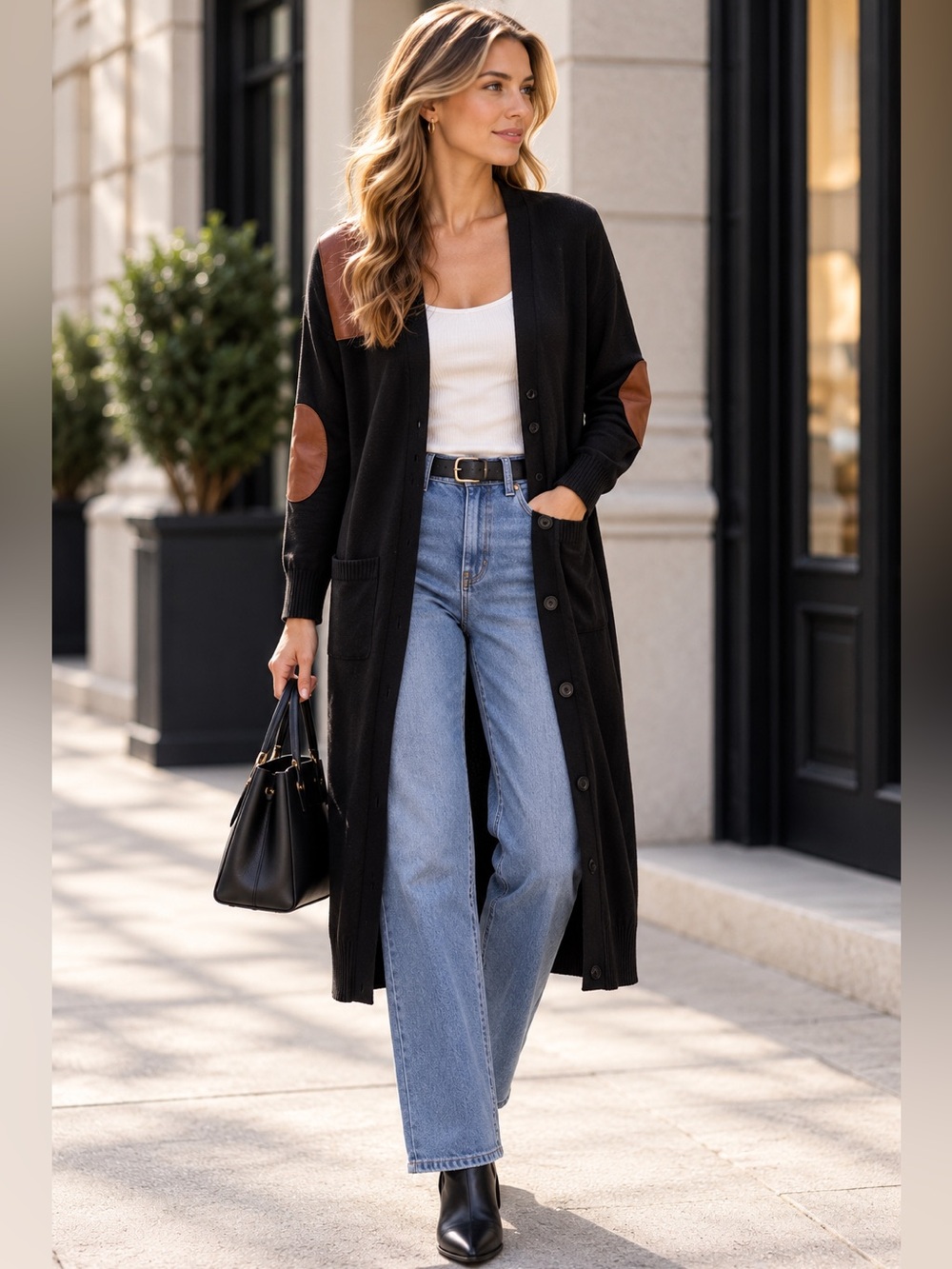 Ralph Lauren Black Long Cardigan with Brown Elbow & Shoulder Patches